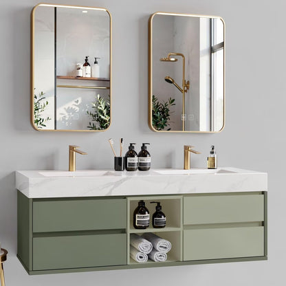 60"-96"Modern Sage Green Bathroom Vanity with Marble Top & Gold LED Mirrors