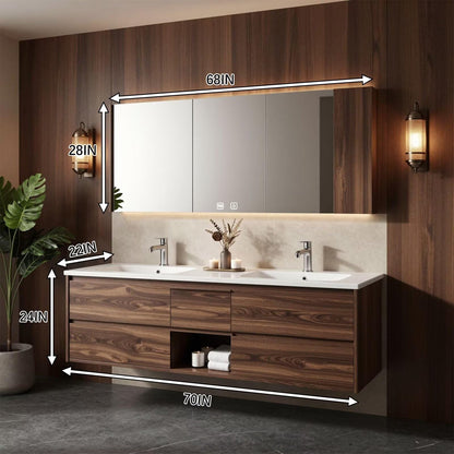 60"-96"Walnut Floating Double Bathroom Vanity with LED Medicine Cabinet & Open Shelf