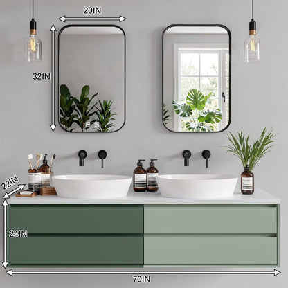60"-96"Sage Green Floating Bathroom Vanity with Double Sinks & Black Framed Mirrors