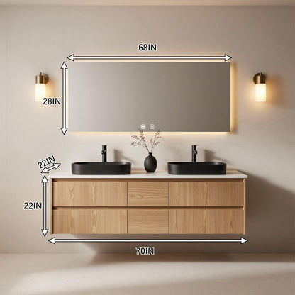 60"-96"Light Oak Bathroom Vanity with Double Sink & Wall-Mounted Drawers