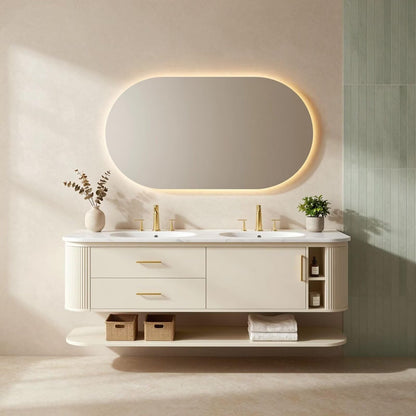 60"-96"Cream Bathroom Vanity with Double Sink, Marble Countertop & Open Shelf