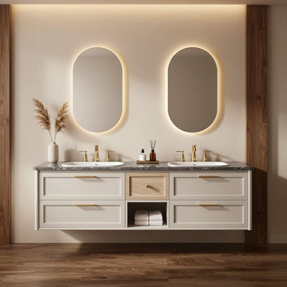 60"-96"Floating White Bathroom Vanity with Double Sink & LED Oval Mirrors