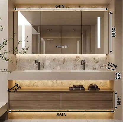 52"- 78" Double Basin Bathroom Vanity Set with 4 Drawers & Open Storage & LED Defogging Mirror Cabinet