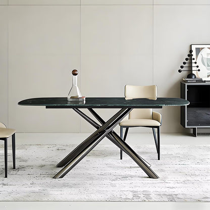 63“-79”Modern Oval Black Marble Dining Table with X-Shape Metal Base, Seats 4-6 for Kitchen & Dining Room