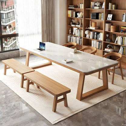 62"-78"Scandinavian Dining Table, Large White Marble Top with Natural Wood Legs