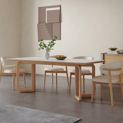 63"-79"Modern Rectangular Dining Table with White Sintered Stone Top & Natural Wood Legs, Seats 4-6