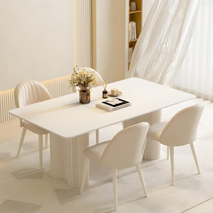 62"-78"Cream White Dining Table, Matte Top with Fluted Pedestal Bases for 4-6 People