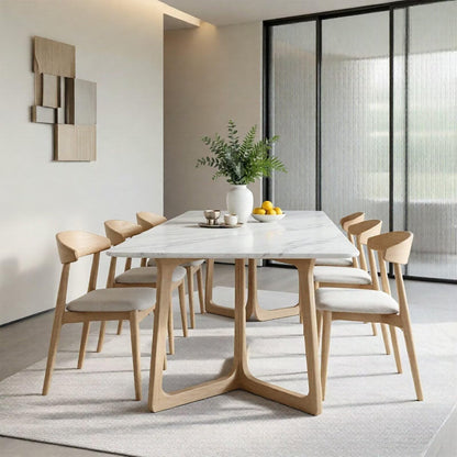 63"-79"Modern Rectangular Dining Table, Marble Top with Natural Oak Cross Base