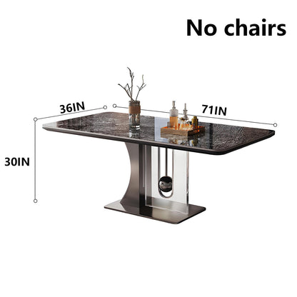 63"-79"Contemporary Statement Dining Table, Glossy Dark Marble Top with Sculptural Metal Leg