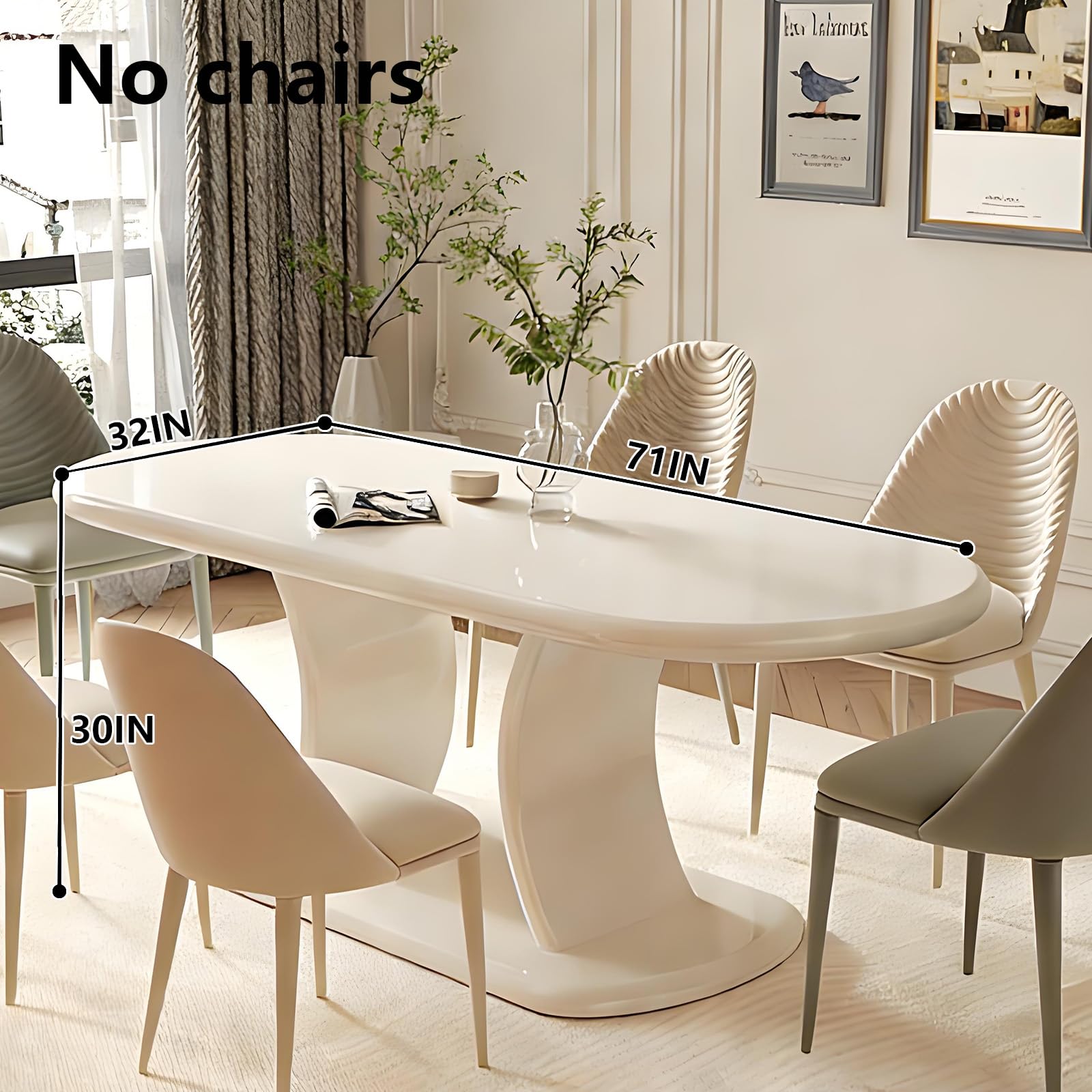 62"-78"Cream White Oval Dining Table, Modern Glossy Finish Table for 6 People