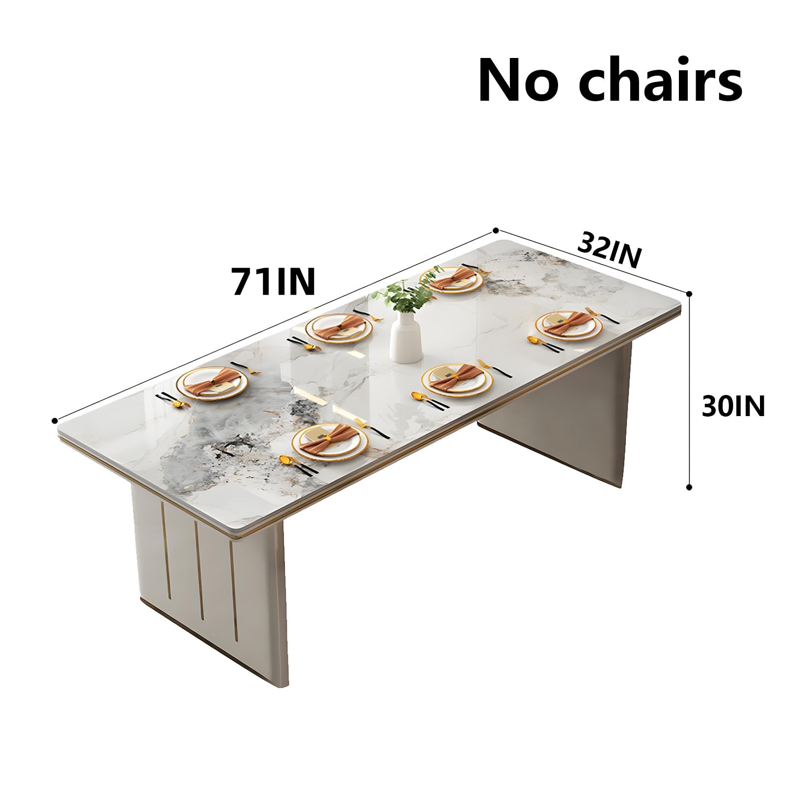 62"-78"Elegant White Marble Dining Table with Gold Trim, Sturdy Base for Dining Room