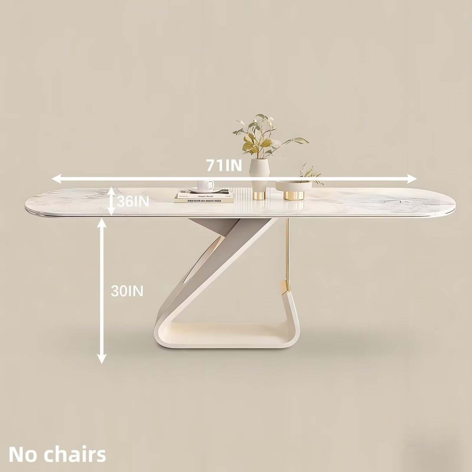 63"-79"Luxury Cream Dining Table, White Marble Top with Sculptural Base for 6 People
