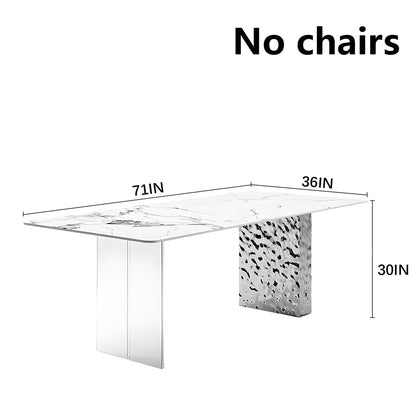 63"-71"Luxury Rectangular Dining Table, Glossy White Marble Top with Clear Acrylic & Silver Base for 6
