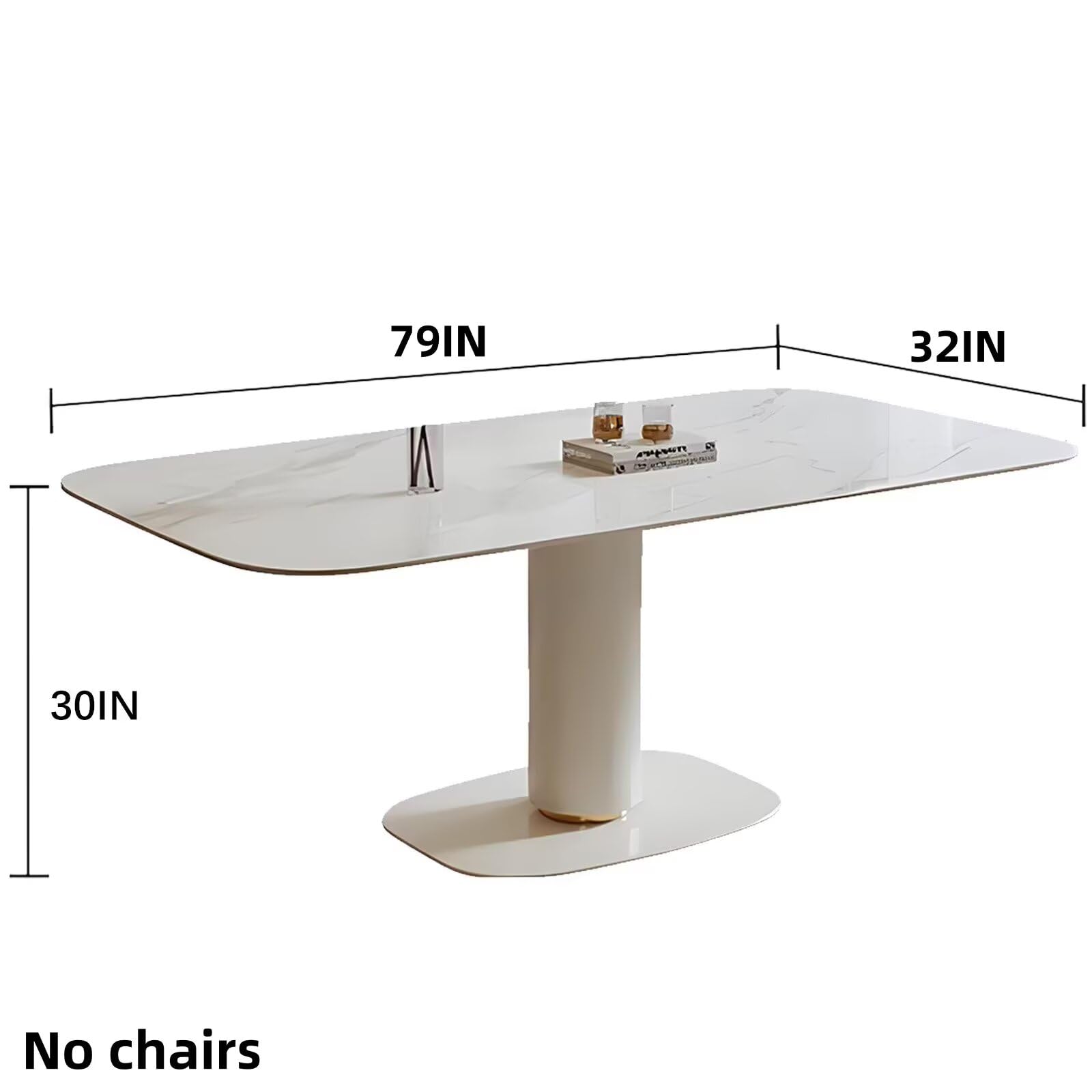 63"-71"Modern Cream Dining Table, White Marble Sintered Stone Top with Single Pedestal Base
