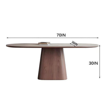 63"-79"Mid-Century Oval Dining Table, White Sintered Stone Top with Walnut Pedestal Base