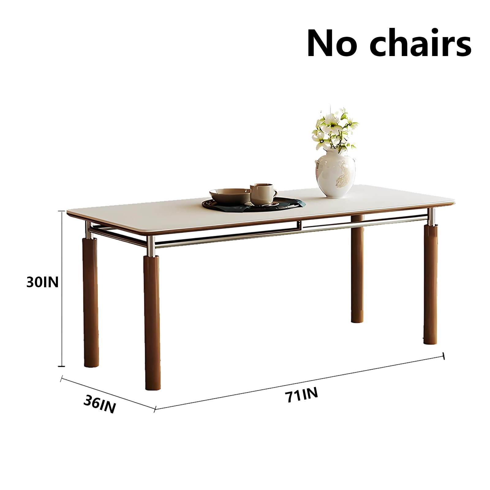 63"-79"Mid-Century Dining Table, White Top with Wood & Chrome Metal Legs for 4-6