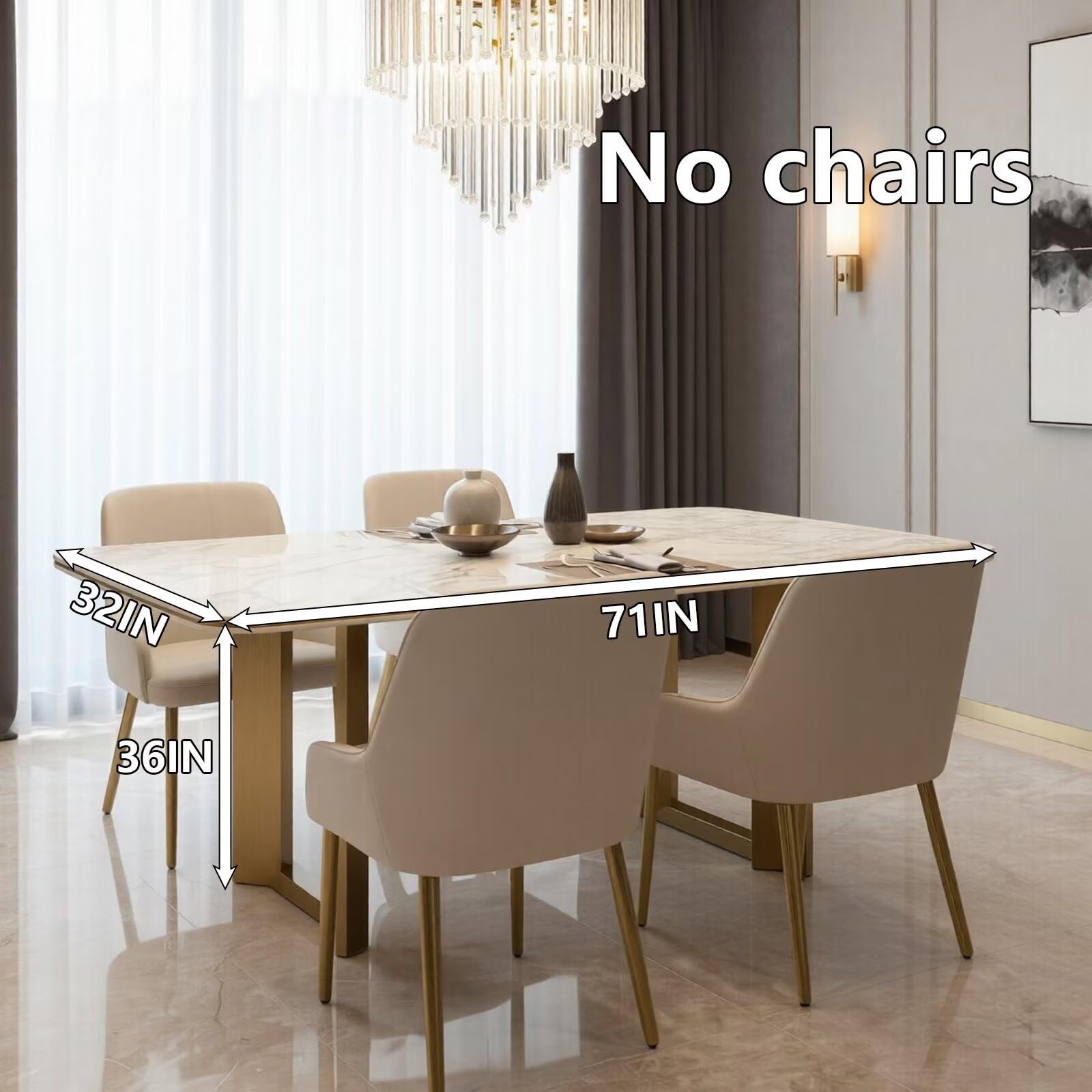 63"-79"Luxury Rectangular Dining Table, White Marble Top with Sleek Gold Metal Legs