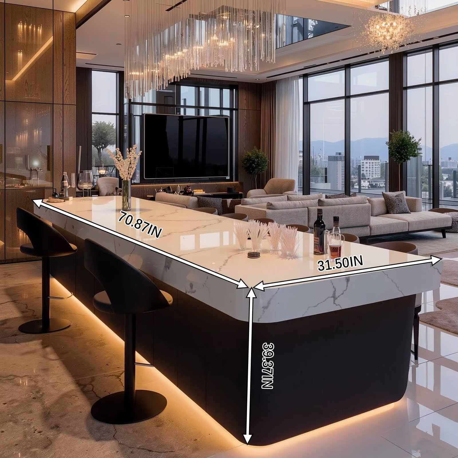 63"-79"White Marble Kitchen Island Bar with LED Lighting, Modern Counter with Rounded Corners