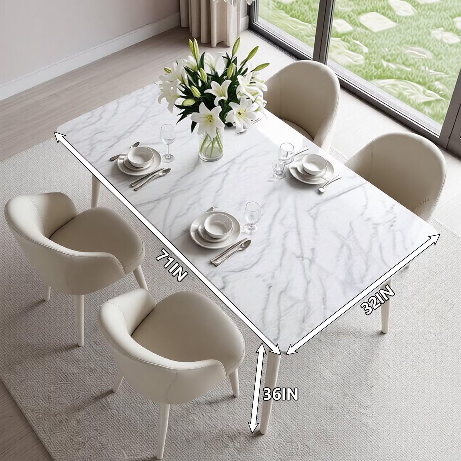 63"-79"Modern White Dining Table, Marble Top with Matching White Tapered Legs