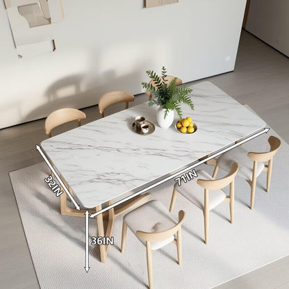 63"-79"Modern Rectangular Dining Table, Marble Top with Natural Oak Cross Base