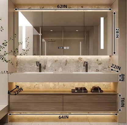 52"- 78" Double Basin Bathroom Vanity Set with 4 Drawers & Open Storage & LED Defogging Mirror Cabinet