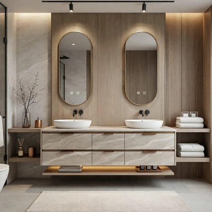 60”-84”Double Floating Vanity, Light Beige Cabinet with LED Backlit Mirror