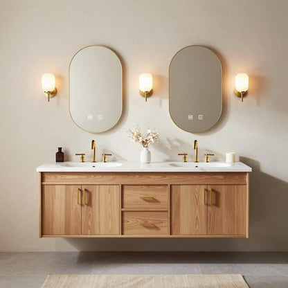 60"-84"Modern Light Wood Bathroom Vanity with Storage Drawers & LED Backlit Mirrors