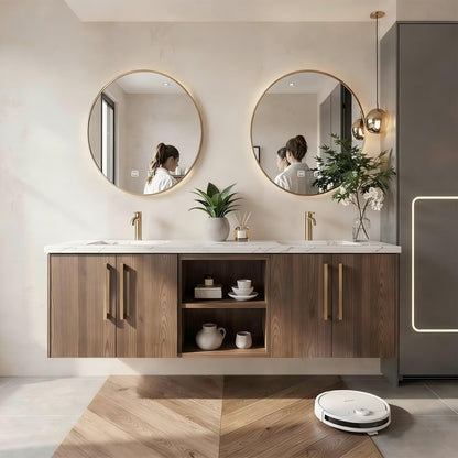 60"-84"Modern Walnut Floating Bathroom Vanity Set with Marble Top & Gold Handles