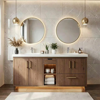 60"-96" Modern Wood Bathroom Vanity with Double Sinks & Gold Hardware