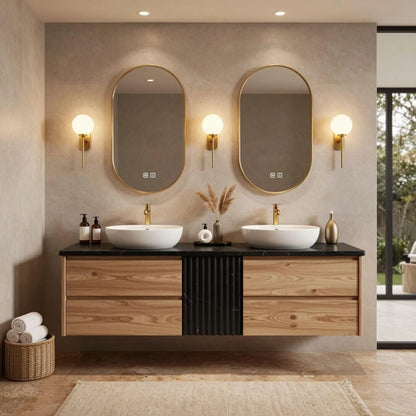 60”-84”Double Sink Floating Vanity with Gold Oval Mirrors,Black Stone Top