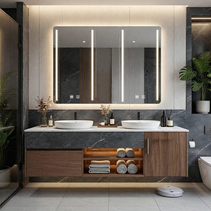 60”-96”Modern Floating Bathroom Vanity with Marble Top, LED Open Shelf & Smart Mirror