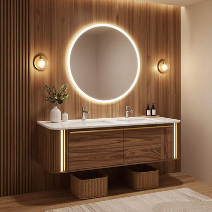 60"-84"Double Sink Floating Vanity with LED Round Mirror,Walnut Finish