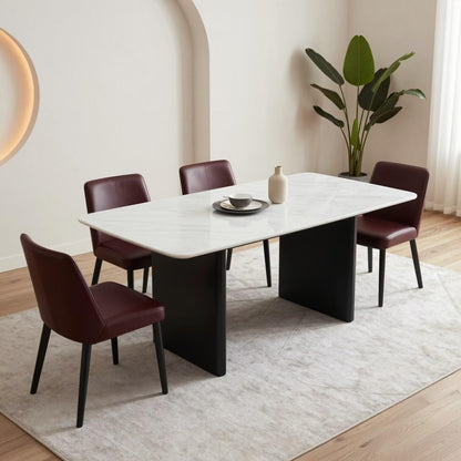 56"-96"Modern White Marble Dining Table with Black Base, 4-6 Seater Rectangular Kitchen Table