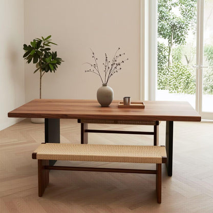 60"-80"Rectangular Walnut Dining Table with Black Metal Legs & Woven Bench, Mid-Century Style