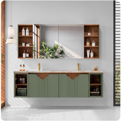 60"-96"Sage Green Floating Bathroom Vanity with Double Sinks & Matching Medicine Cabinet