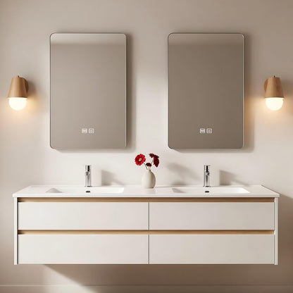 60”-84” Double Sink Floating Bathroom Vanity with 2 LED Mirrors, White Wall Mounted Vanity with Light Oak Accents