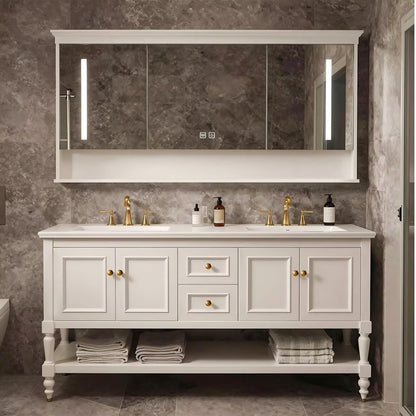 60”-84”Double Sink Freestanding Bathroom Vanity, White Shaker Cabinet with Gold Hardware