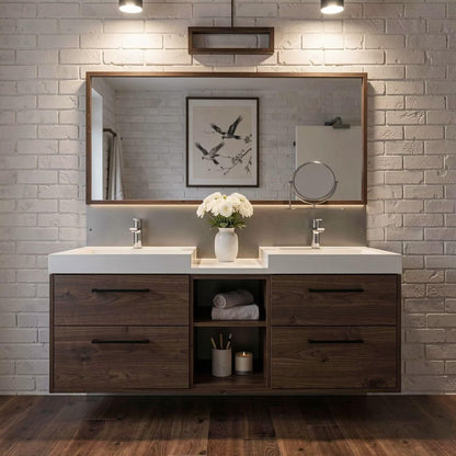 60"-96"Modern Wall-Mounted Bathroom Vanity with Open Shelf & Soft-Close Drawers