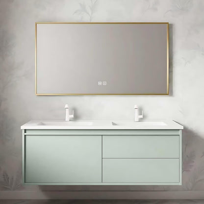 60”-84”Double Sink Floating Bathroom Vanity, Sage Green Cabinet with Gold Framed LED Mirror