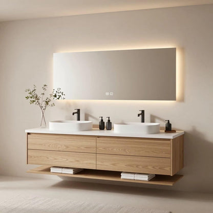 60"-84"Modern Floating Oak Bathroom Vanity with Double Vessel Sinks & LED Smart Mirror
