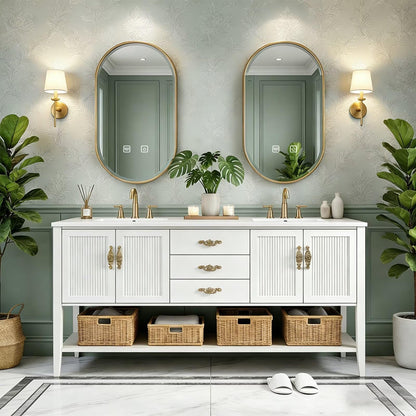 60”-84”Double Sink Freestanding Vanity with Gold Oval Mirrors, White Cabinet & Marble Top