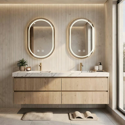 60"-84"Floating Light Wood Bathroom Vanity with Marble Top & Oval LED Mirrors, Double Sinks