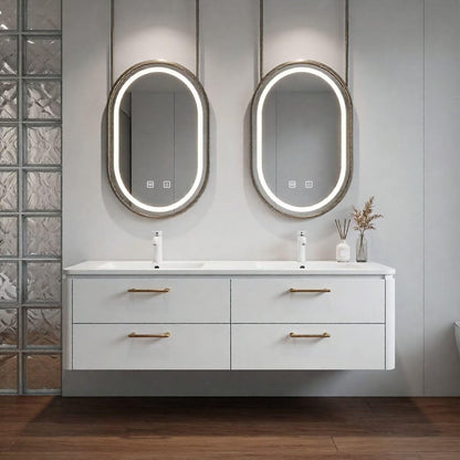 60”-84”Double Sink Floating Bathroom Vanity with LED Oval Mirrors, White Cabinet & Gold Hardware
