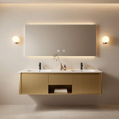 60"-84"Modern Gold Floating Bathroom Vanity Set with Fluted Doors & White Top
