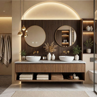 60"-84"Floating Oak Bathroom Vanity with Double Vessel Sinks & LED Round Mirrors