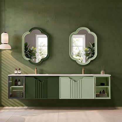 60"-96"Sage Green Floating Bathroom Vanity with Double Sinks & Scalloped Mirrors