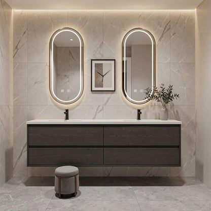 60”-84”Double Sink Floating Bathroom Vanity with Oval LED Mirrors, Dark Gray Wood Cabinet