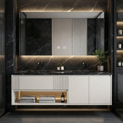 60”-84”Double Sink Floating Bathroom Vanity with LED Backlit Mirror, Off-White Fluted Cabinet