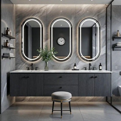 60"-96"Dark Wood Floating Bathroom Vanity with Double Sinks & LED Oval Mirrors