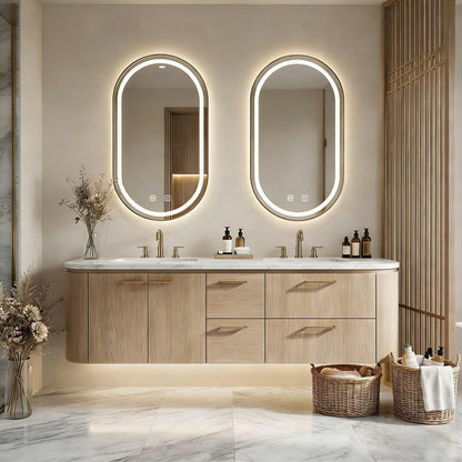 60"-84"Floating Oak Bathroom Vanity with Double Sinks & LED Oval Mirrors
